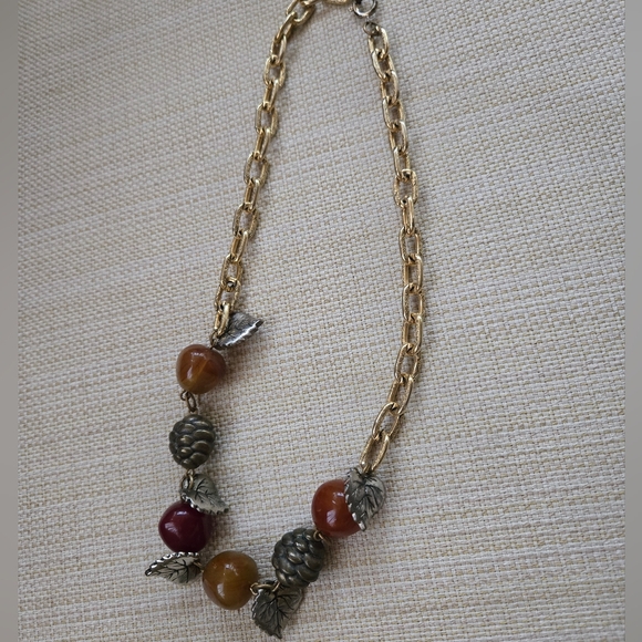 Faux Ambe Bead Necklace Leaves 18" Fall Colors Silver and Gold tone - Picture 1 of 10